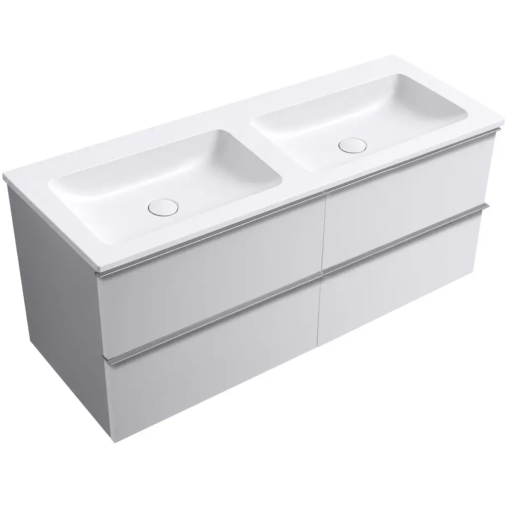 CERANO Koupelnová skříňka Velora bílá matná, úchytka chrom + dvojumyvadlo z lit. mramoru Amati bílá matná 141x54,5x46,7 CER-478539