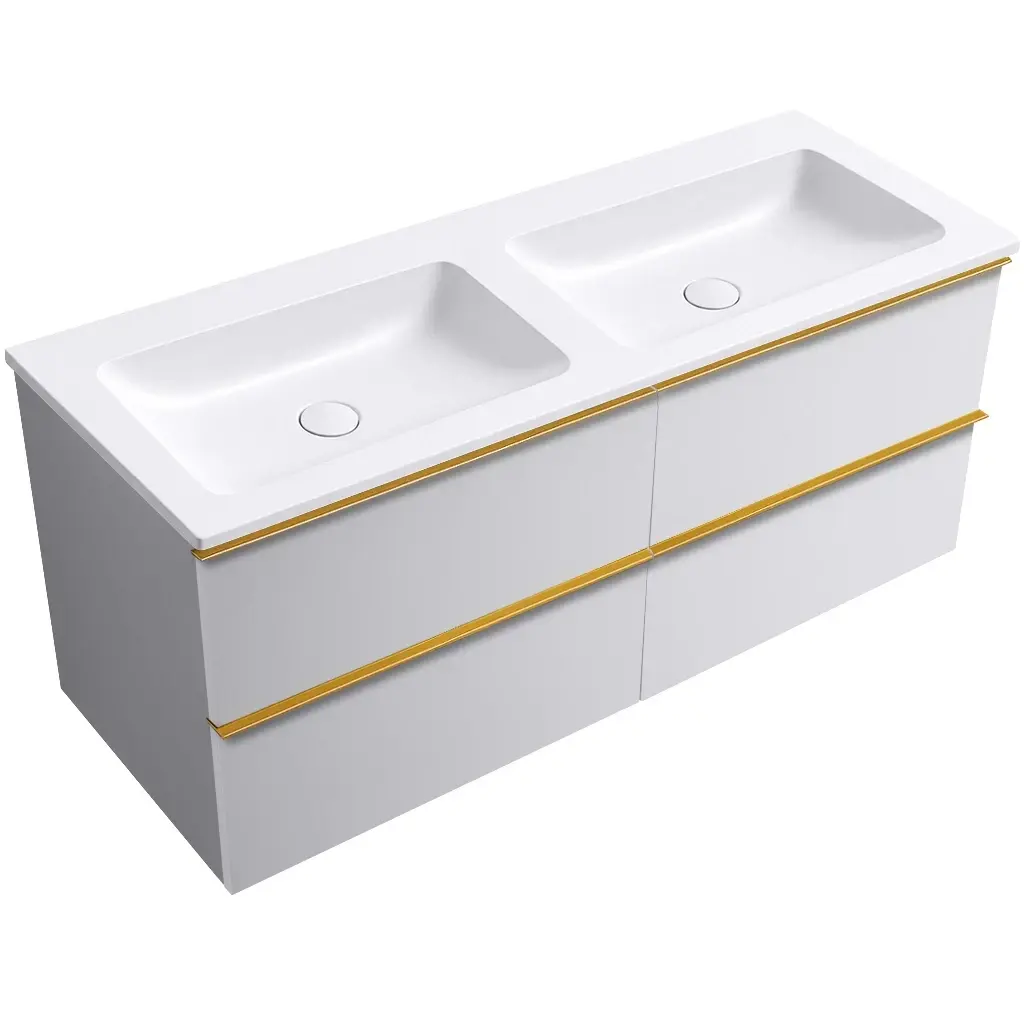 CERANO Koupelnová skříňka Velora bílá matná, úchytka zlatá + dvojumyvadlo z lit. mramoru Amati bílá matná 161x54,5x46,7  CER-586152