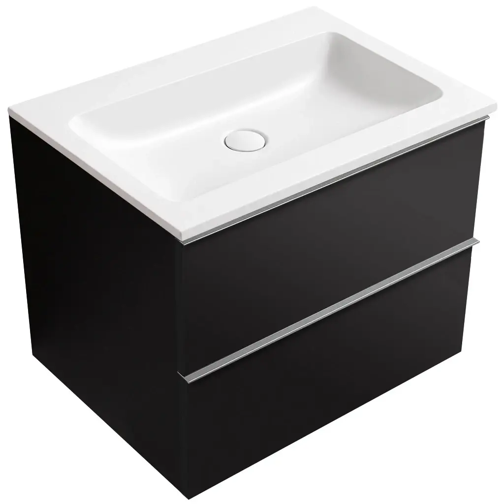 CERANO Koupelnová skříňka Velora černá matná, úchytka chrom + umyvadlo z lit. mramoru Amati bílá matná 60,5x54,5x46,5 CER-689877