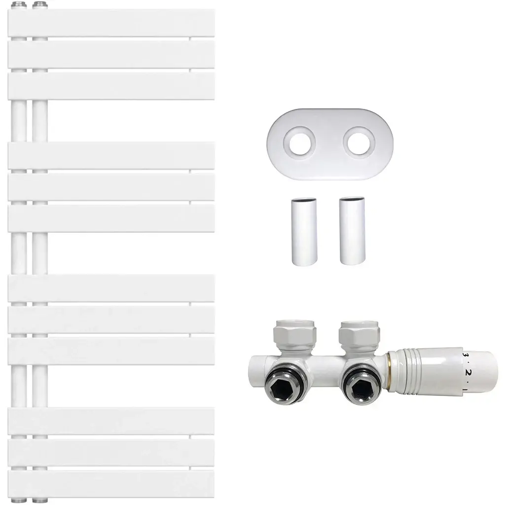 CERANO Koupelnový radiátorový set Theo ústřední vytápění asymetrické připojení 50 mm 575W bílá lesklá 1200x500 mm CER-031859