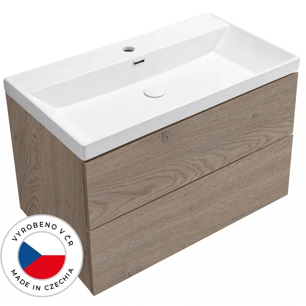 CERANO Koupelnová skříňka Adele dub Cannolo Cremona + keramické umyvadlo Viano bílá lesklá 100,9x65x46,4  CER-710385