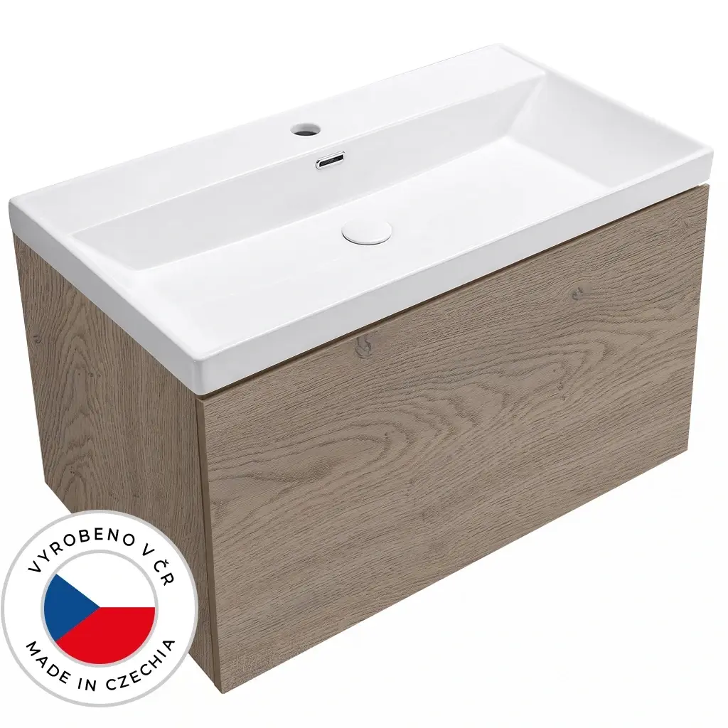 CERANO Koupelnová skříňka Adele dub Cannolo Cremona + keramické umyvadlo Viano bílá lesklá 100,9x45x46,4  CER-745799