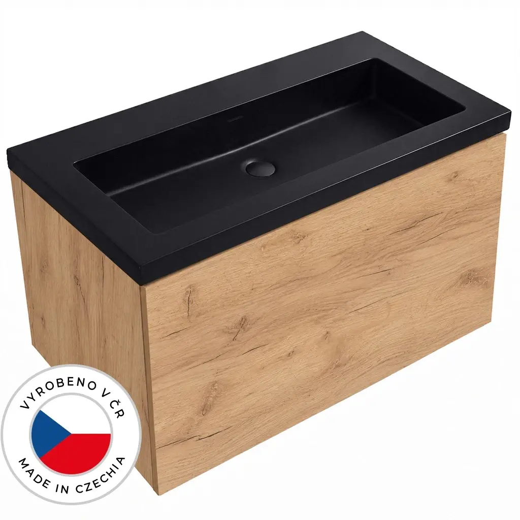 CERANO Koupelnová skříňka Adele dub zlatý Craft + umyvadlo z lit. mramoru Ovo černá matná 100,5x45x46,5  CER-831733