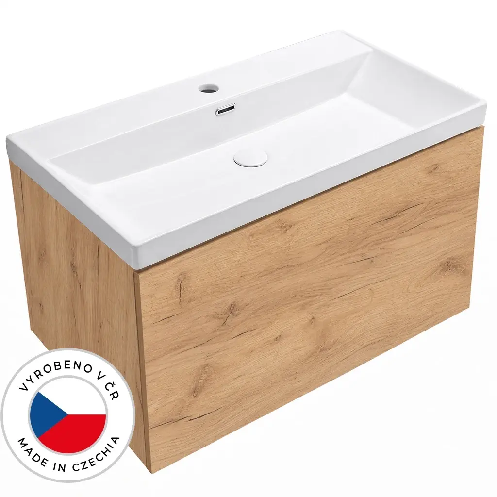 CERANO Koupelnová skříňka Adele dub zlatý Craft + keramické umyvadlo Viano bílá lesklá 100,9x45x46,4  CER-832188