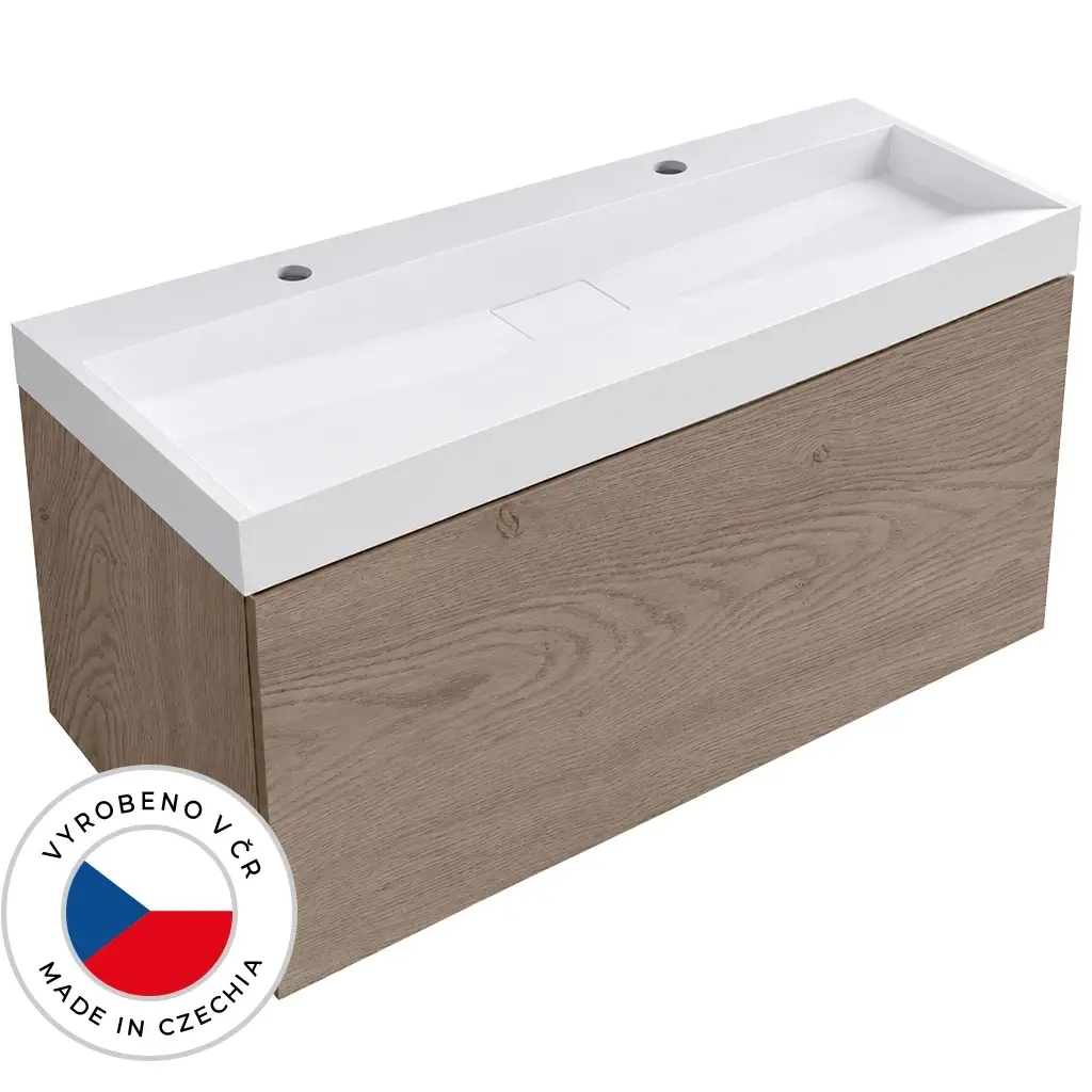 CERANO Koupelnová skříňka Adele dub Cannolo Cremona + umyvadlo z lit. mramoru Vita bílá lesklá 2 otvory pro baterii 120x50x46  CER-911506