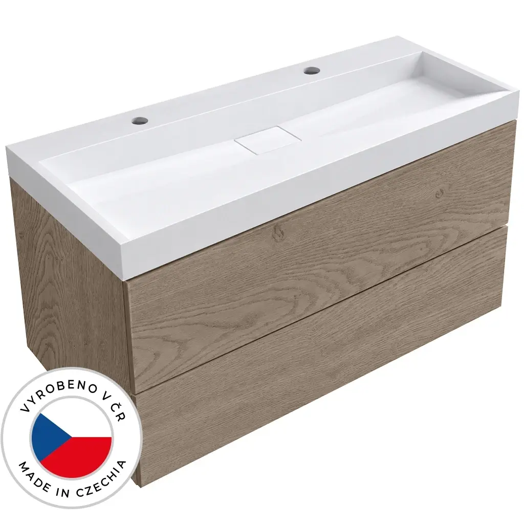 CERANO Koupelnová skříňka Adele dub Cannolo Cremona + umyvadlo z lit. mramoru Vita bílá lesklá 2 otvory pro baterii 120x70x46  CER-885745