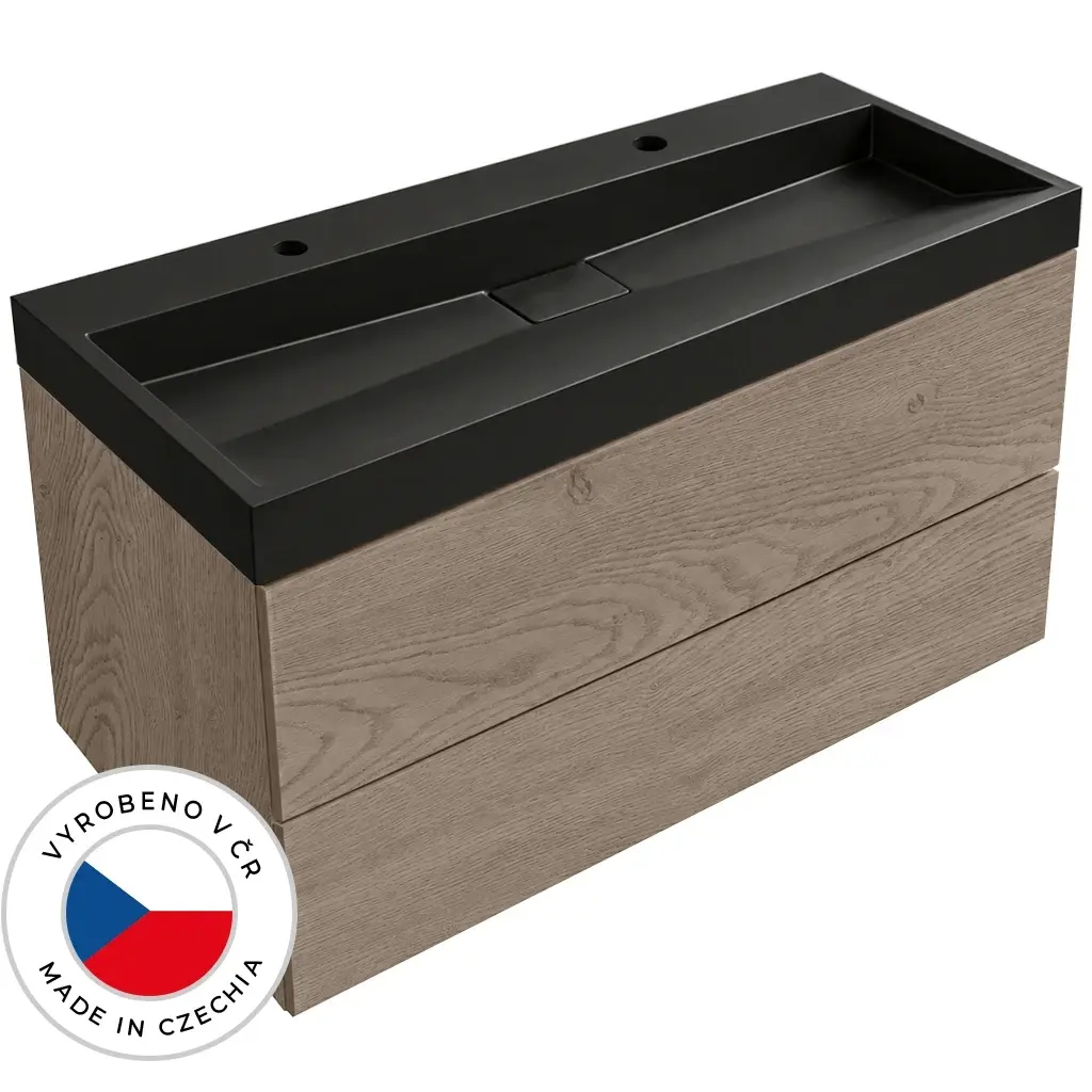 CERANO Koupelnová skříňka Adele dub Cannolo Cremona + umyvadlo z lit. mramoru Vita černá matná 2 otvory pro baterii 120x70x46  CER-887187