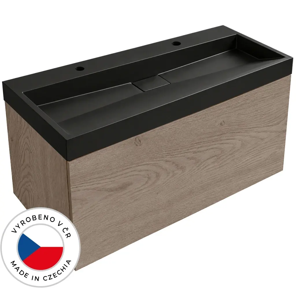 CERANO Koupelnová skříňka Adele dub Cannolo Cremona + umyvadlo z lit. mramoru Vita černá matná 2 otvory pro baterii 120x50x46  CER-913051