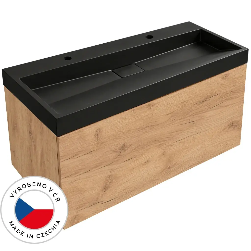 CERANO Koupelnová skříňka Adele dub zlatý Craft + umyvadlo z lit. mramoru Vita černá matná 2 otvory pro baterii 120x50x46  CER-992039