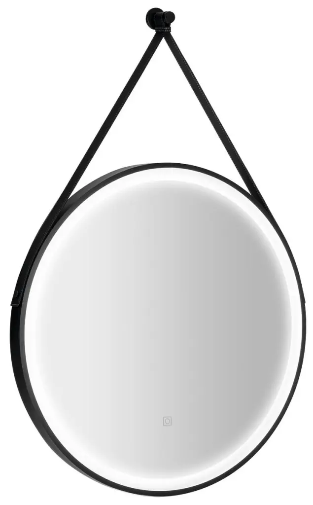 Aqualine STAGO kulaté zrcadlo s LED osvětlením o 60cm, kožený pásek, dotykový senzor, stmívatelné, černá mat