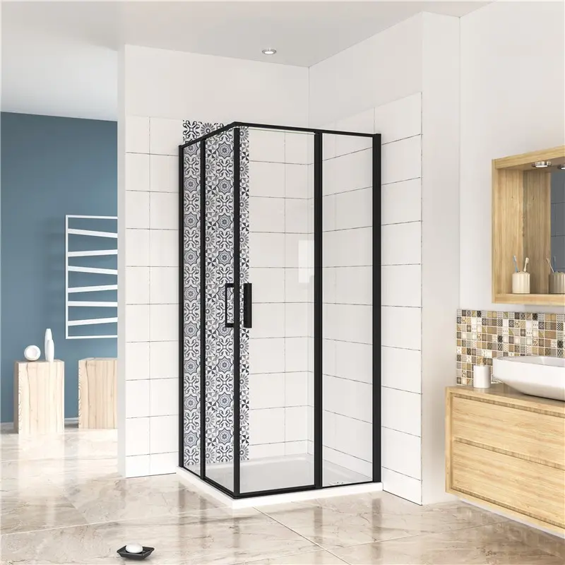 H K Čtvercový sprchový kout BLACK SAFIR R808, 80x80, se dvěma jednokřídlými dveřmi s pevnou stěnou, rohový vstup SE-BLACKSAFIRR808