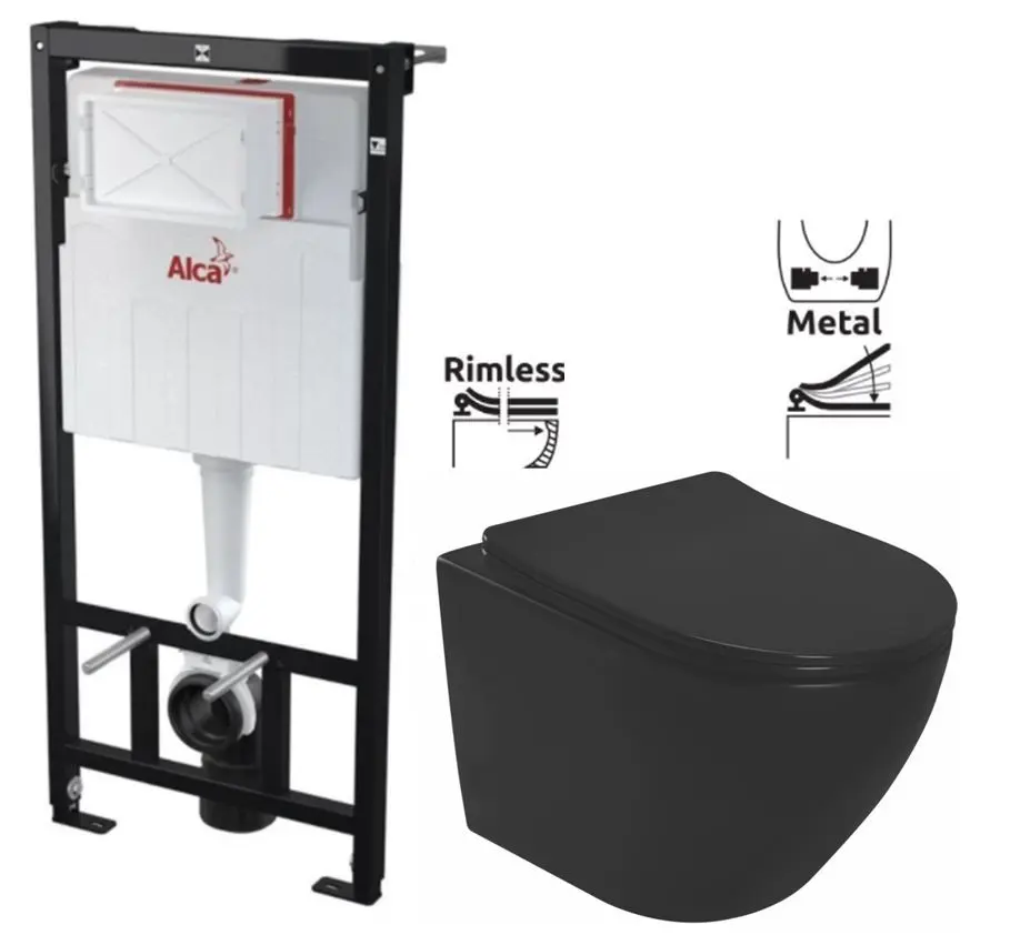 Předstěnový instalační systém bez tlačítka + WC REA CARLO MINI RIMLESS ČIERNY MAT + SEDADLO AM101/1120 X MM1