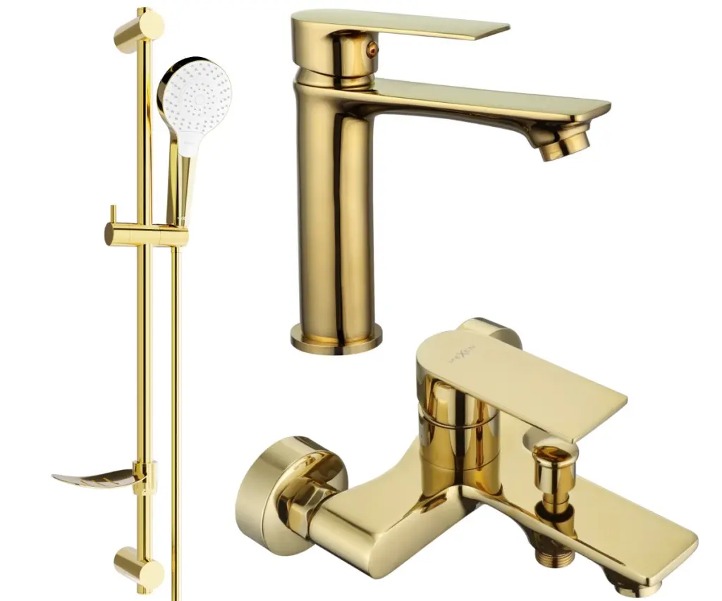 MEXEN - Mexen Royo DF05 Set umyvadlové a vanové baterie s příslušenstvím zlata 72203DF05-50