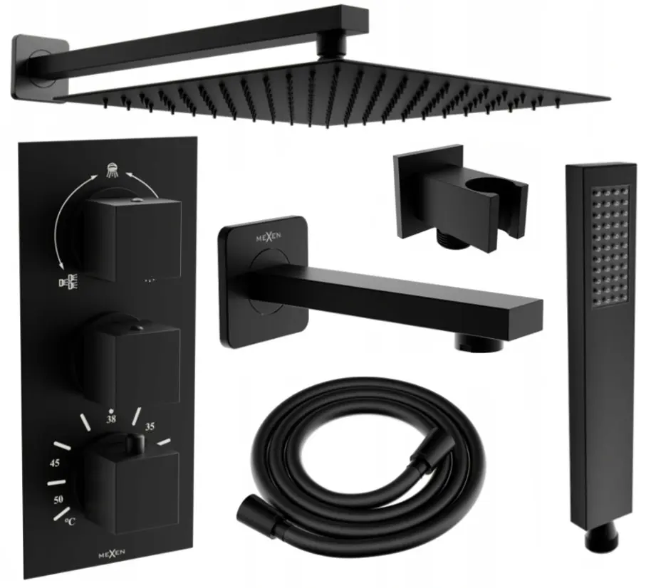 MEXEN/S Cube DR02 podomítkový vanový SET s vytokovou hubicí + slim sprcha 25, černý 77503DR0225-70