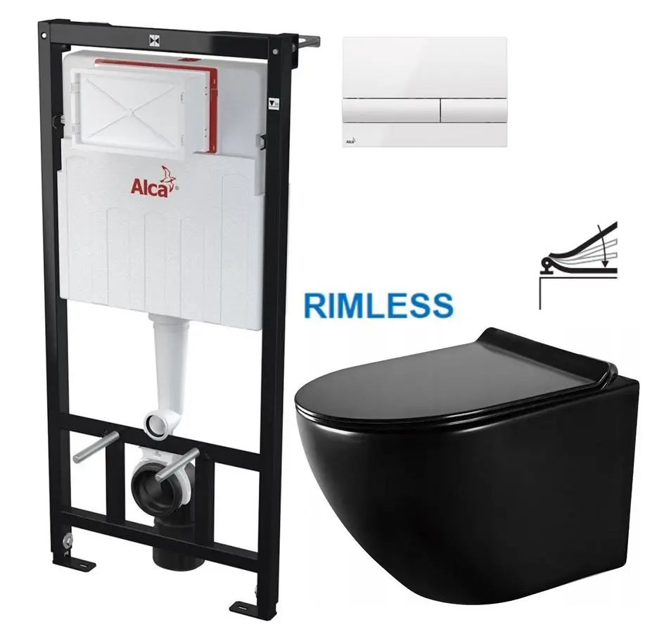 Předstěnový instalační systém s bílým tlačítkem M1710 + WC MEXEN LENA ČERNÁ Rimless + SEDÁTKO AM101/1120 M1710 ME01