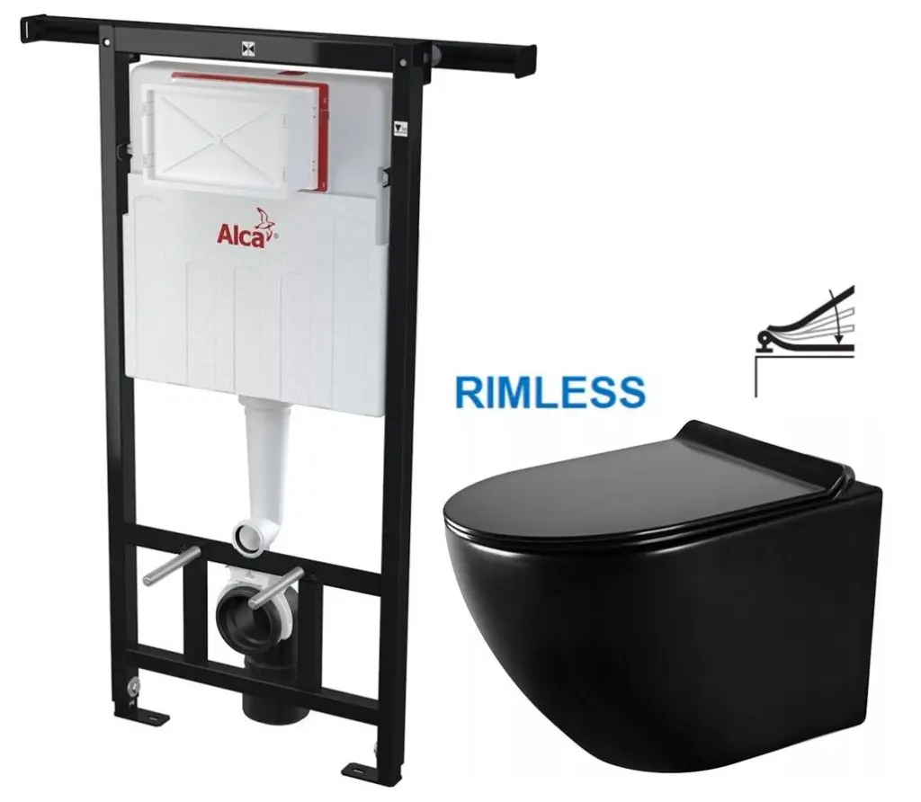 Předstěnový instalační systém bez tlačítka + WC MEXEN LENA ČERNÁ Rimless + SEDÁTKO AM102/1120 X ME01