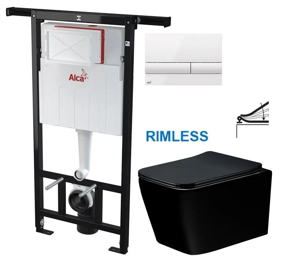 Předstěnový instalační systém s bílým tlačítkem M1710 + WC MEXEN TEO ČERNÁ Rimless + SEDÁTKO AM102/1120 M1710 ME02