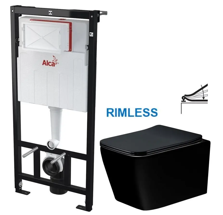 Předstěnový instalační systém bez tlačítka + WC MEXEN TEO ČERNÁ Rimless + SEDÁTKO AM101/1120 X ME02