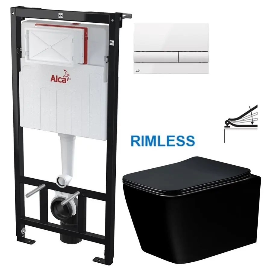Předstěnový instalační systém s bílým tlačítkem M1710 + WC MEXEN TEO ČERNÁ Rimless + SEDÁTKO AM101/1120 M1710 ME02