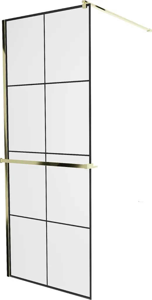 MEXEN/S KIOTO Sprchová zástěna WALK-IN s poličkou a držákem ručníků 80 x 200, transparent/černá 8 mm, zlatá 800-080-121-50-77