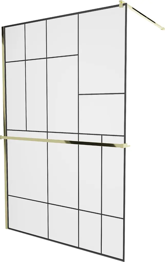 MEXEN/S KIOTO Sprchová zástěna WALK-IN s poličkou a držákem ručníků 80 x 200, transparent/černá 8 mm, zlatá 800-080-121-50-78