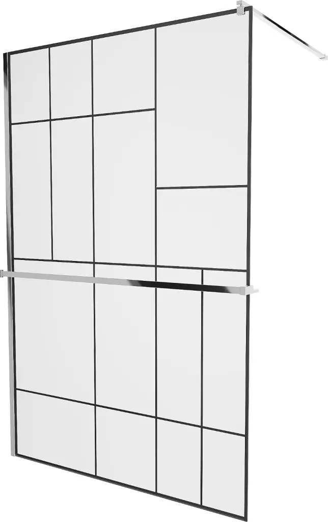 MEXEN/S KIOTO Sprchová zástěna WALK-IN s poličkou a držákem ručníků 90 x 200, transparent/černá 8 mm, chrom 800-090-121-01-78