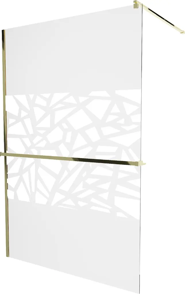MEXEN/S KIOTO Sprchová zástěna WALK-IN s poličkou a držákem ručníků 90 x 200, transparent/bialy bílý vzor, zlatá 800-090-121-50-85