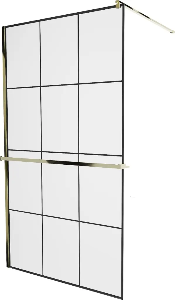 MEXEN/S KIOTO Sprchová zástěna WALK-IN s poličkou a držákem ručníků 100 x 200, transparent/černá 8 mm, zlatá 800-090-121-50-77 800-100-121-50-77