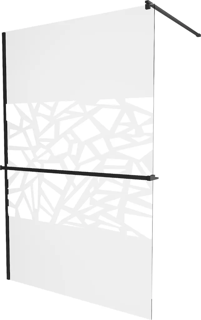 MEXEN/S KIOTO Sprchová zástěna WALK-IN s poličkou a držákem ručníků 110 x 200, transparent/bílý dekor 8 mm, černá 800-110-121-70-85