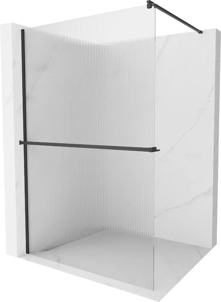 MEXEN/S Kioto+ Sprchová zástěna WALK-IN s poličkou a držákem ručníků 70 x 200, proužky 8 mm, černá 800-070-121-70-09