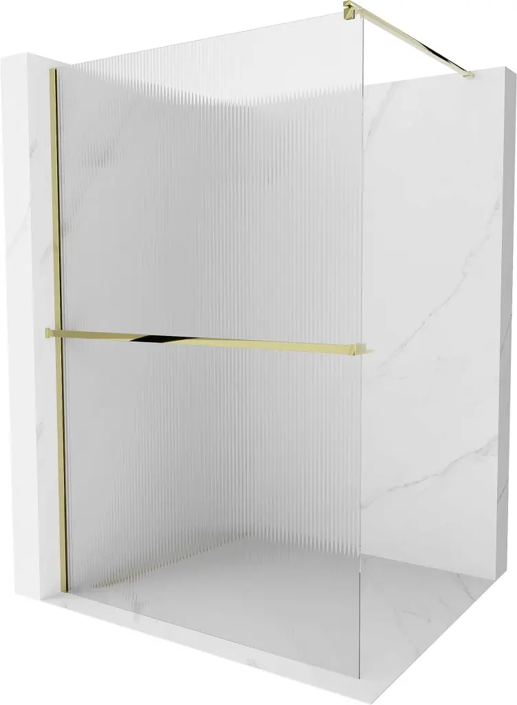 MEXEN/S Kioto+ Sprchová zástěna WALK-IN s poličkou a držákem ručníků 80 x 200, proužky 8 mm, zlatá 800-080-121-50-09