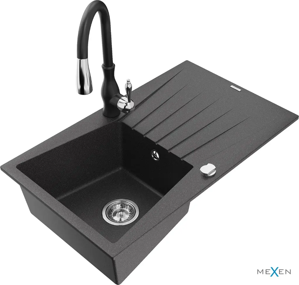 MEXEN/S Cesar granitový dřez 1 s odkapávačem včetně baterie Savita, černá kropenatá 6514-76-672601-70-B