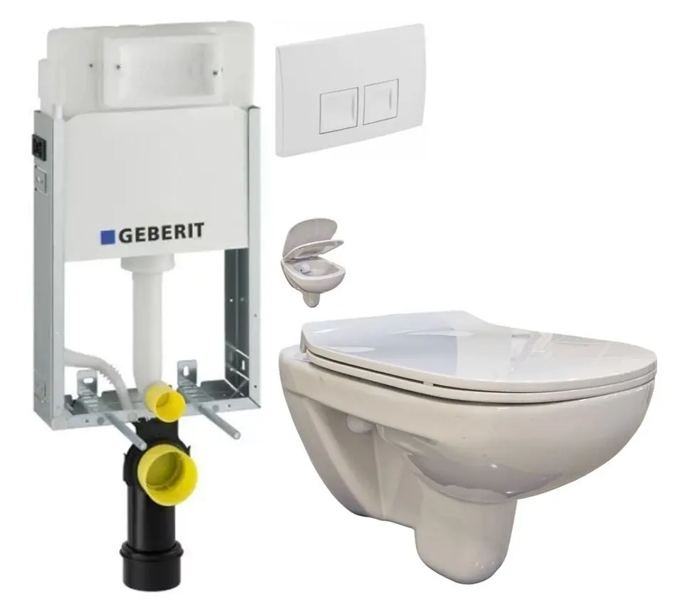 GEBERIT KOMBIFIXBasic vč. bílého  tlačítka DELTA 50 + WC bez oplachového kruhu Edge + SEDÁTKO 110.100.00.1 50BI EG1