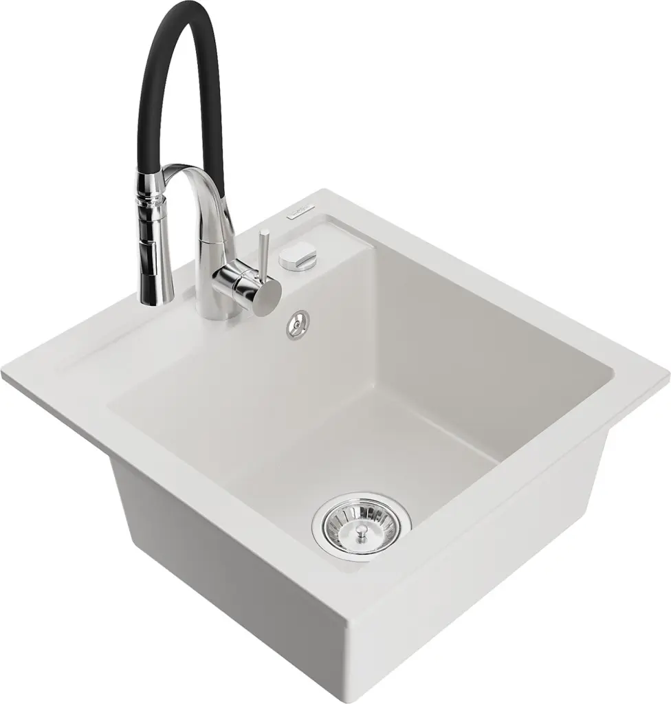 MEXEN/S Vito granitový dřez 1-miska včetně baterie Aster, bílá 6503-20-73450-07