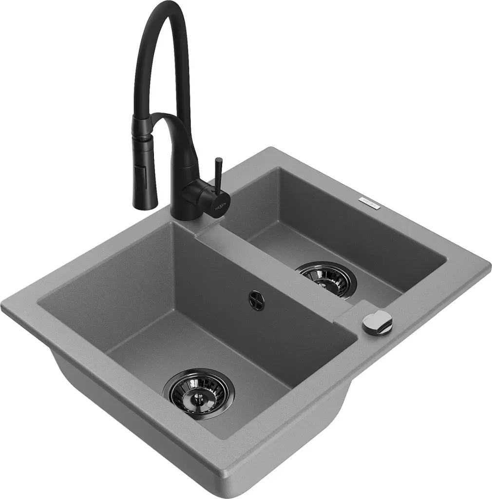 MEXEN/S Carlos granitový dřez 1.5 včetně baterie Aster, šedá 6518-71-73450-70-B