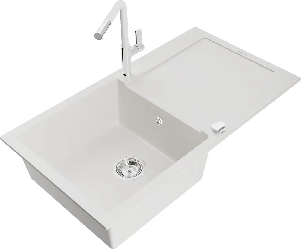 MEXEN/S Leo granitový dřez 1 s odkapávačem včetně baterie Flora, bílá 6501-20-670401-02