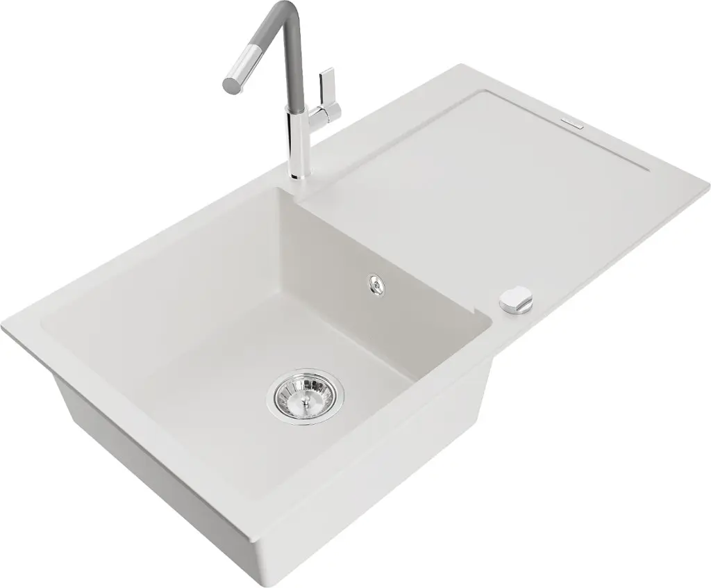MEXEN/S Leo granitový dřez 1 s odkapávačem včetně baterie Flora, bílá 6501-20-670401-06