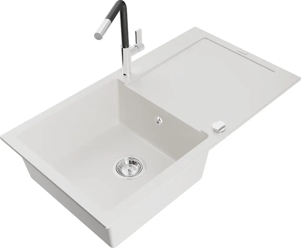 MEXEN/S Leo granitový dřez 1 s odkapávačem včetně baterie Flora, bílá 6501-20-670401-07