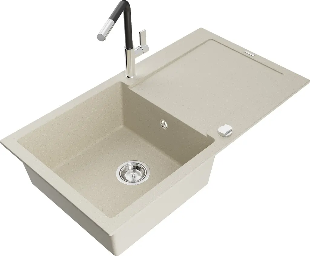 MEXEN/S Leo granitový dřez 1 s odkapávačem včetně baterie Flora, béžováy 6501-69-670401-07