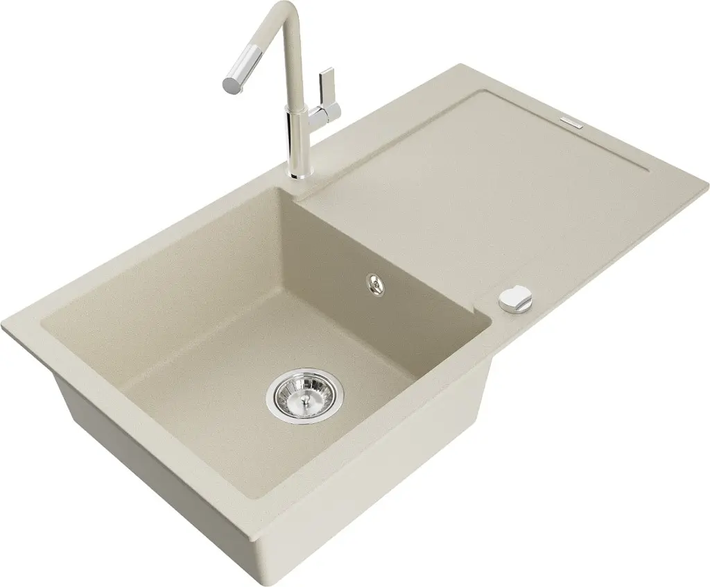 MEXEN/S Leo granitový dřez 1 s odkapávačem včetně baterie Flora, béžováy 6501-69-670401-09