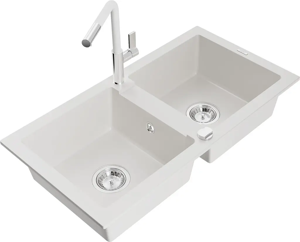 MEXEN/S Mario granitový dřez 2-bowl včetně baterie Flora, bílá 6504-20-670401-02