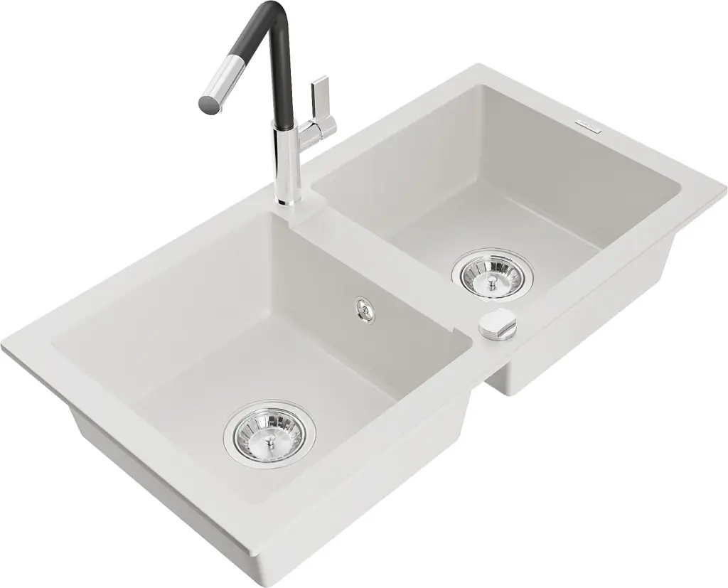 MEXEN/S Mario granitový dřez 2-bowl včetně baterie Flora, bílá 6504-20-670401-07