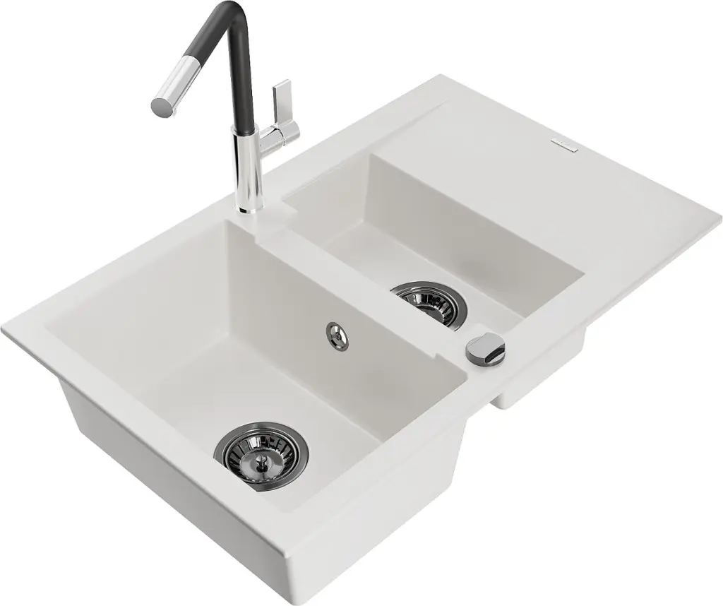 MEXEN/S Gaspar granitový dřez 1.5 s odkapávačem včetně baterie Flora, bílá 6507-20-670401-07-B