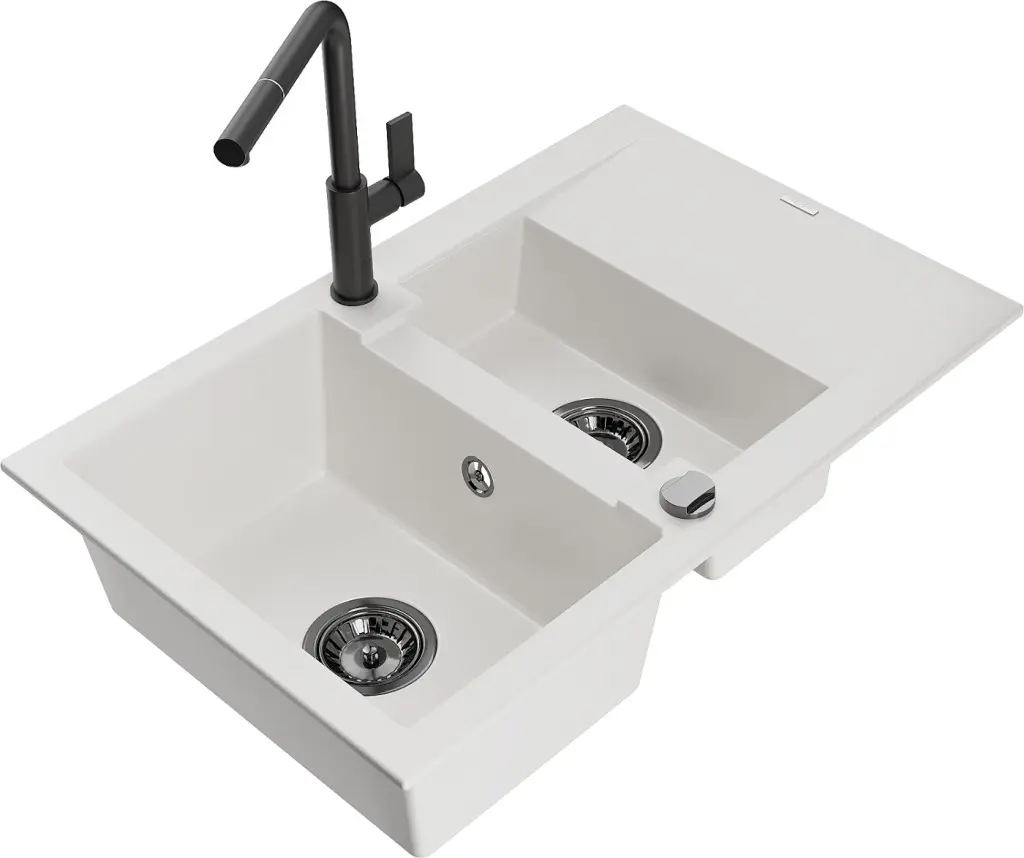MEXEN/S Gaspar granitový dřez 1.5 s odkapávačem včetně baterie Flora, bílá 6507-20-670401-70-B