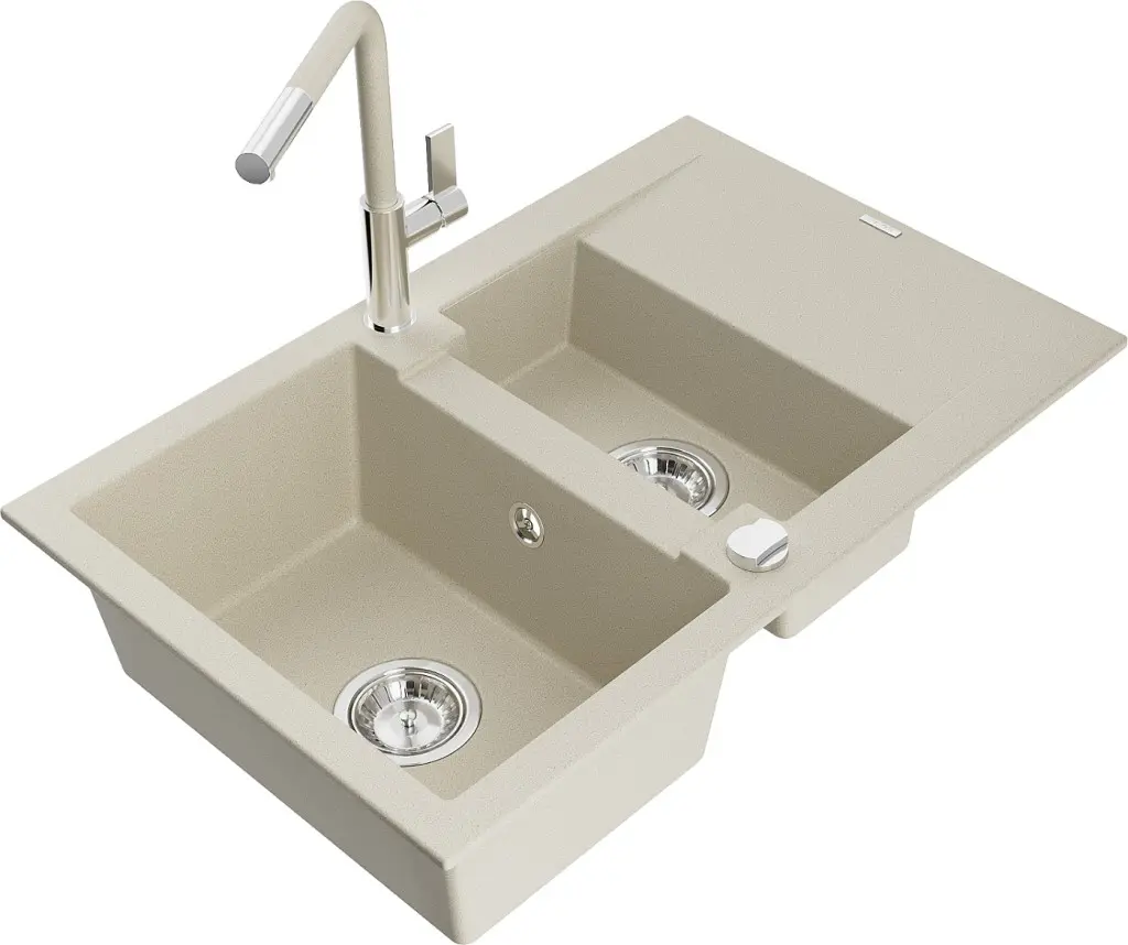 MEXEN/S Gaspar granitový dřez 1.5 s odkapávačem včetně baterie Flora, béžová 6507-69-670401-09