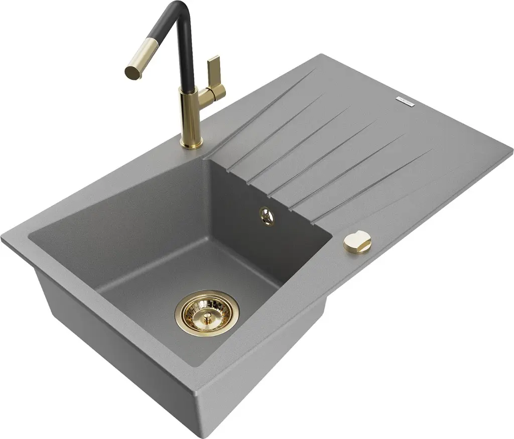 MEXEN/S Cesar granitový dřez 1-miska s odkapávačem včetně baterie Flora, šedá 6514-71-670401-57-G