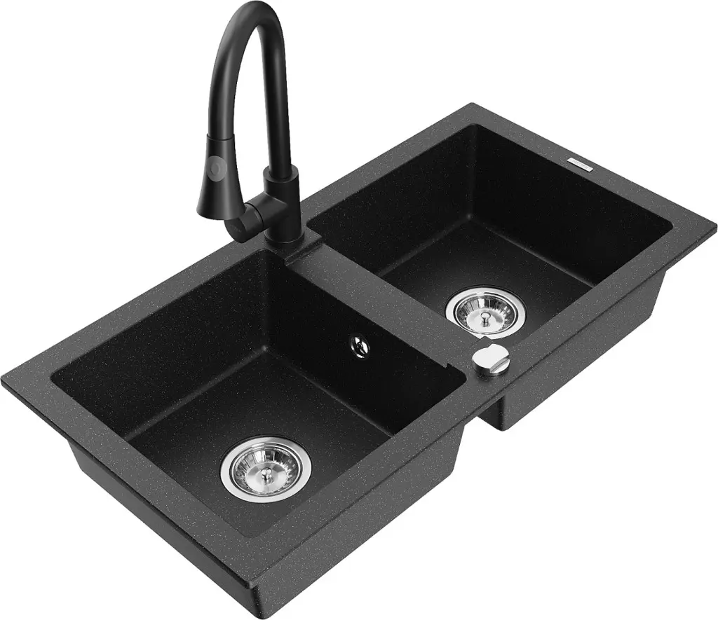 MEXEN/S Mario granitový dřez 2-bowl včetně baterie Elia, černá/stříbrná metalik 6504-73-670101-70