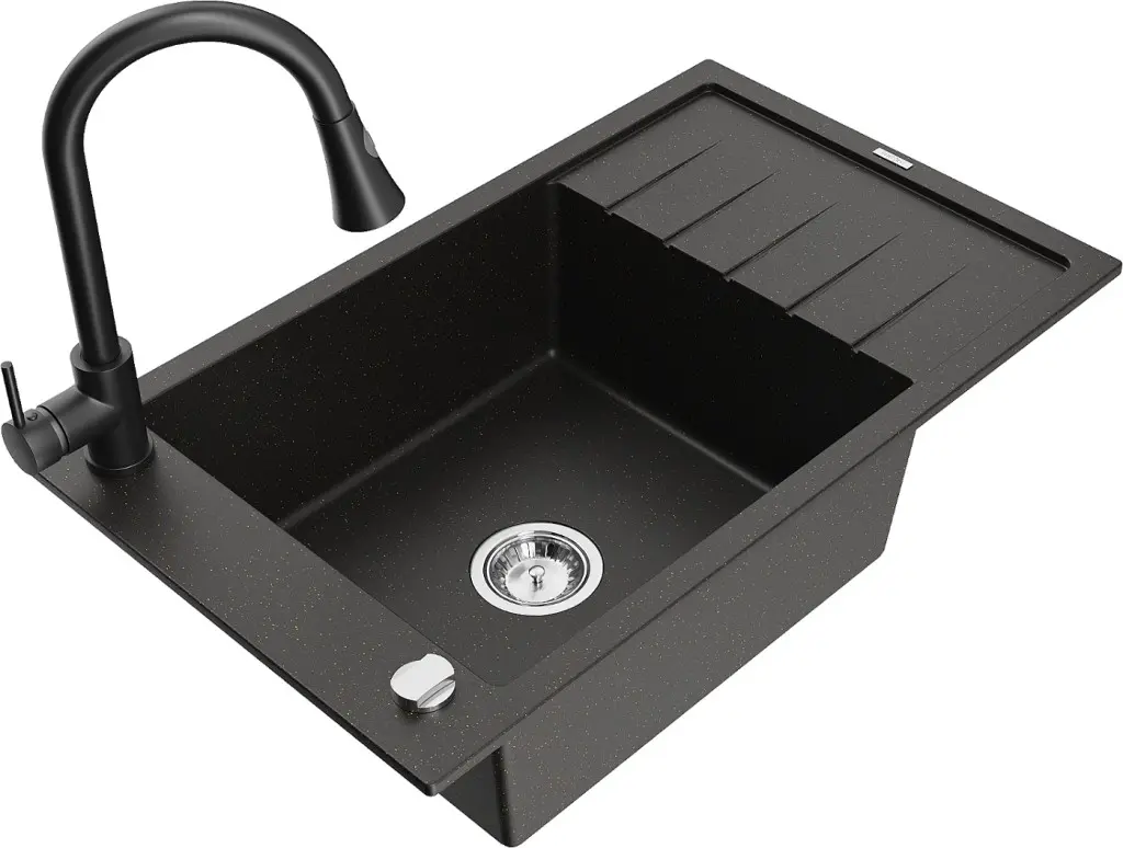 MEXEN/S Elias granitový dřez 1 s odkapávačem včetně baterie Elia, černá/zlatá metalik 6511-75-670101-70
