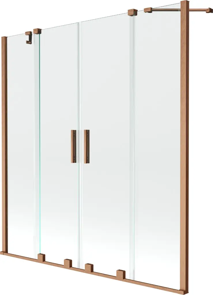 MEXEN/S Velar Duo Dvoukřídlá posuvná vanová zástěna 140 x 150, transparent, kartáčovaná měď 896-140-000-02-65