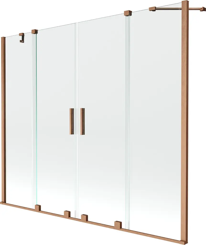 MEXEN/S Velar Duo Dvoukřídlá posuvná vanová zástěna 200 x 150, transparent, kartáčovaná měď 896-200-000-02-65